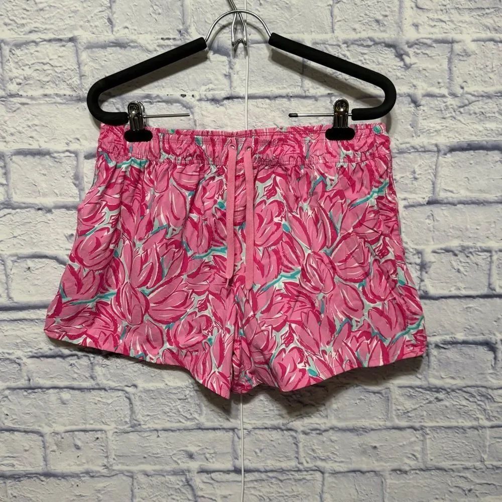 Lauren James Womens Shorts Pink Green Floral Print Size L Tie Waist Pockets